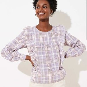 Loft Plaid Purple Ruffle Long Sleeve Top NWT